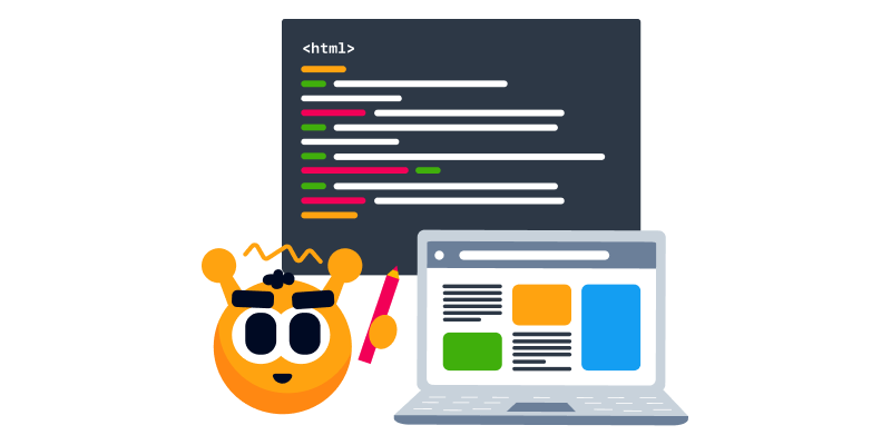 شخصیت کارتونی در حال یادگیری کدنویسی HTML